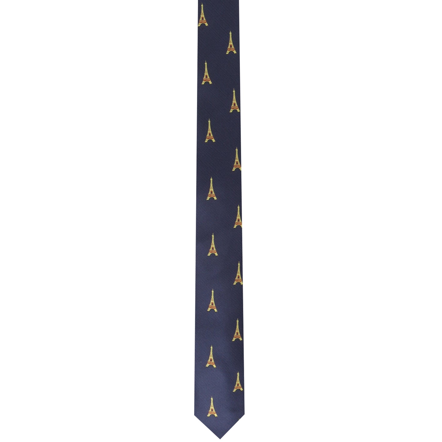 The Tourist Gift Tie is a dark blue necktie adorned with a woven pattern of small, yellow Eiffel Tower designs, exuding Parisian elegance.