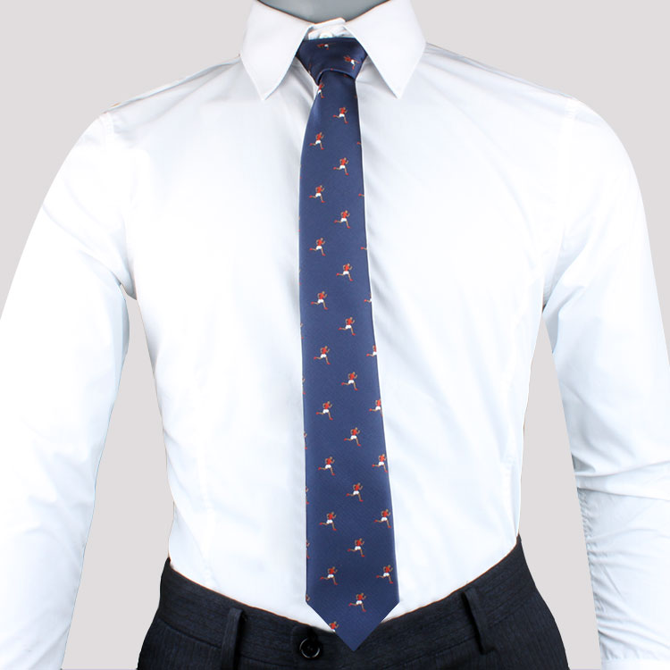 An Track and Field TIe mannequin displaying impeccable style with a blue tie and white shirt.