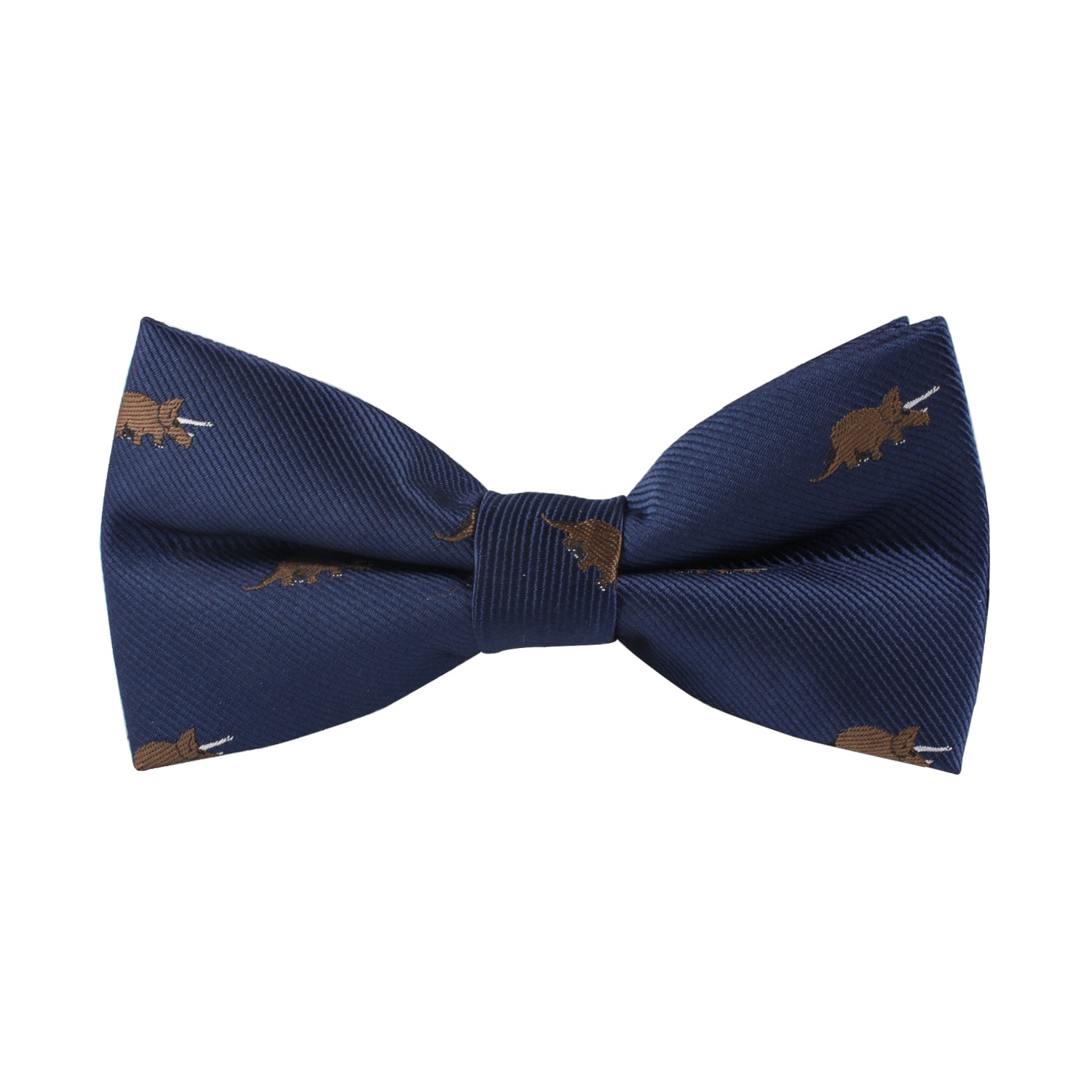 The Triceratops Bow Tie features a navy blue background embellished with a dinosaur print of small brown triceratops, adding Jurassic charm to your look.
