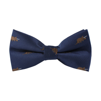 The Triceratops Bow Tie features a navy blue background embellished with a dinosaur print of small brown triceratops, adding Jurassic charm to your look.