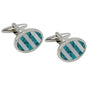 A pair of Turquoise Cufflinks in silver, showcasing vertical white and turquoise stripes with a stunning marble-like pattern that emanates gem-like brilliance.