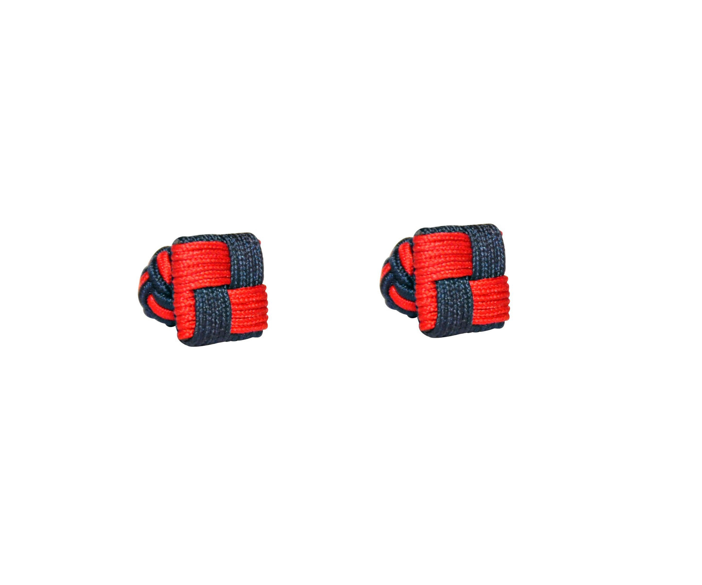 The Red & Navy Blue Square Cufflinks feature a striking knot design on a white background, making them a modern addition to any gentleman’s collection.