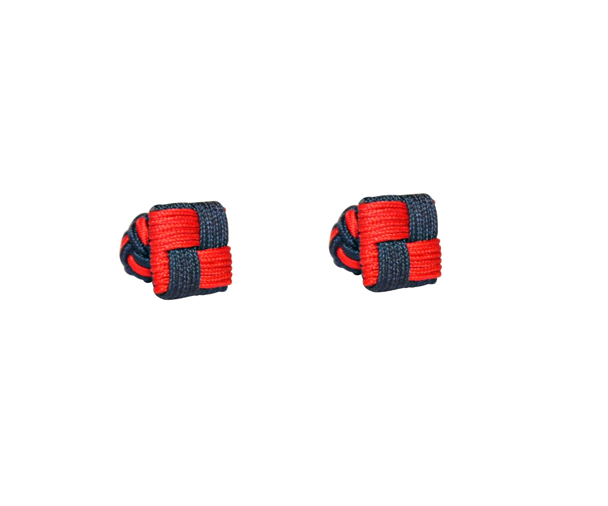 The Red & Navy Blue Square Cufflinks feature a striking knot design on a white background, making them a modern addition to any gentleman’s collection.