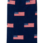 A pair of USA Flag Socks featuring a stylish pattern of small American flags, characterized by pink stripes and blue fields adorned with white stars.