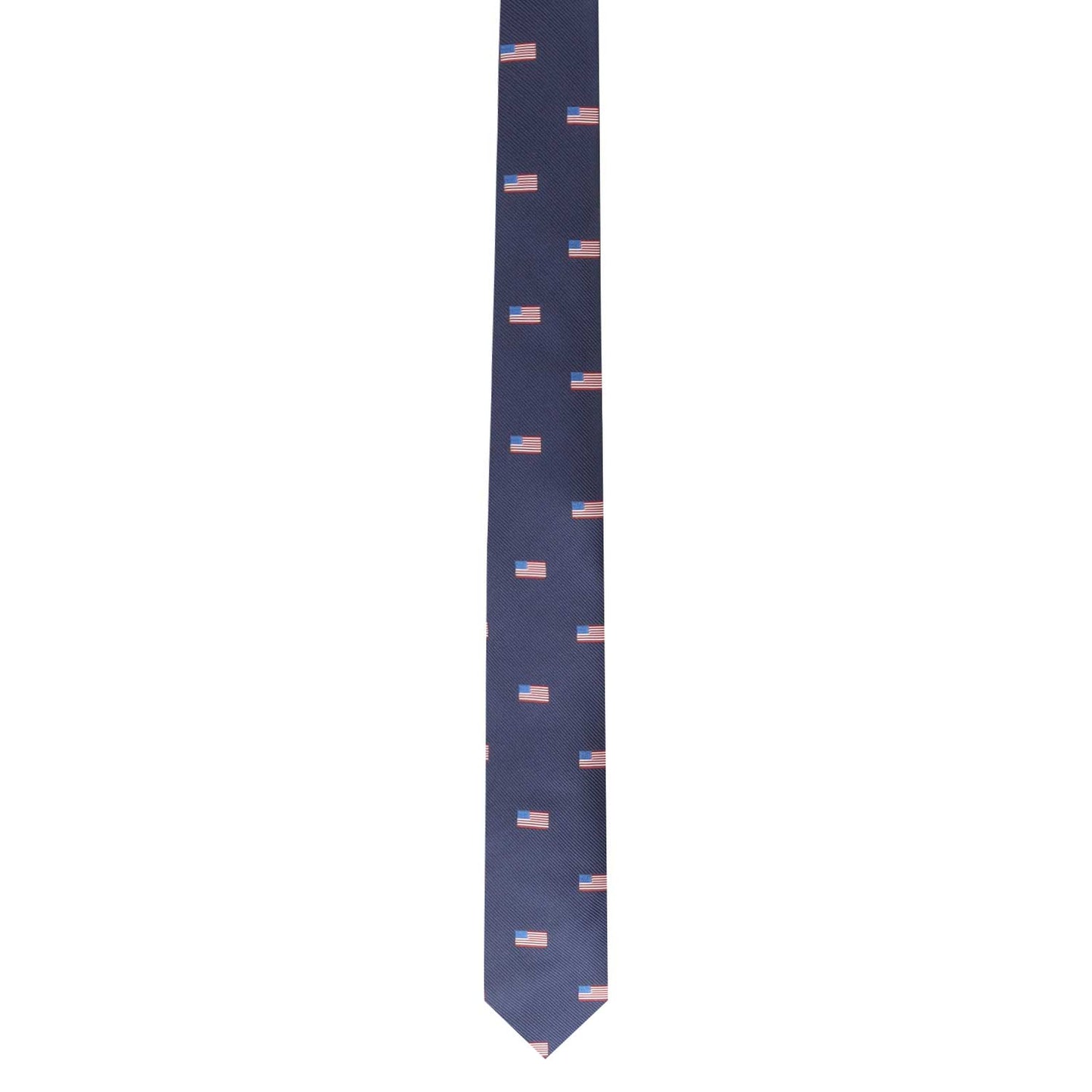 The USA Celebration Tie is a dark blue necktie adorned with numerous small American flag patterns, flawlessly merging patriotism and style throughout its length.