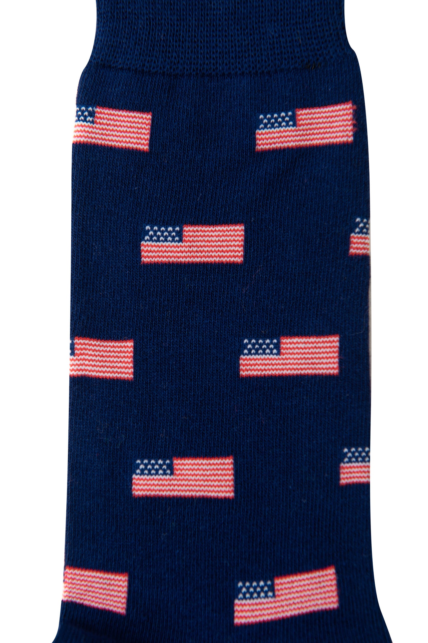 A pair of USA Flag Socks featuring a stylish pattern of small American flags, characterized by pink stripes and blue fields adorned with white stars.