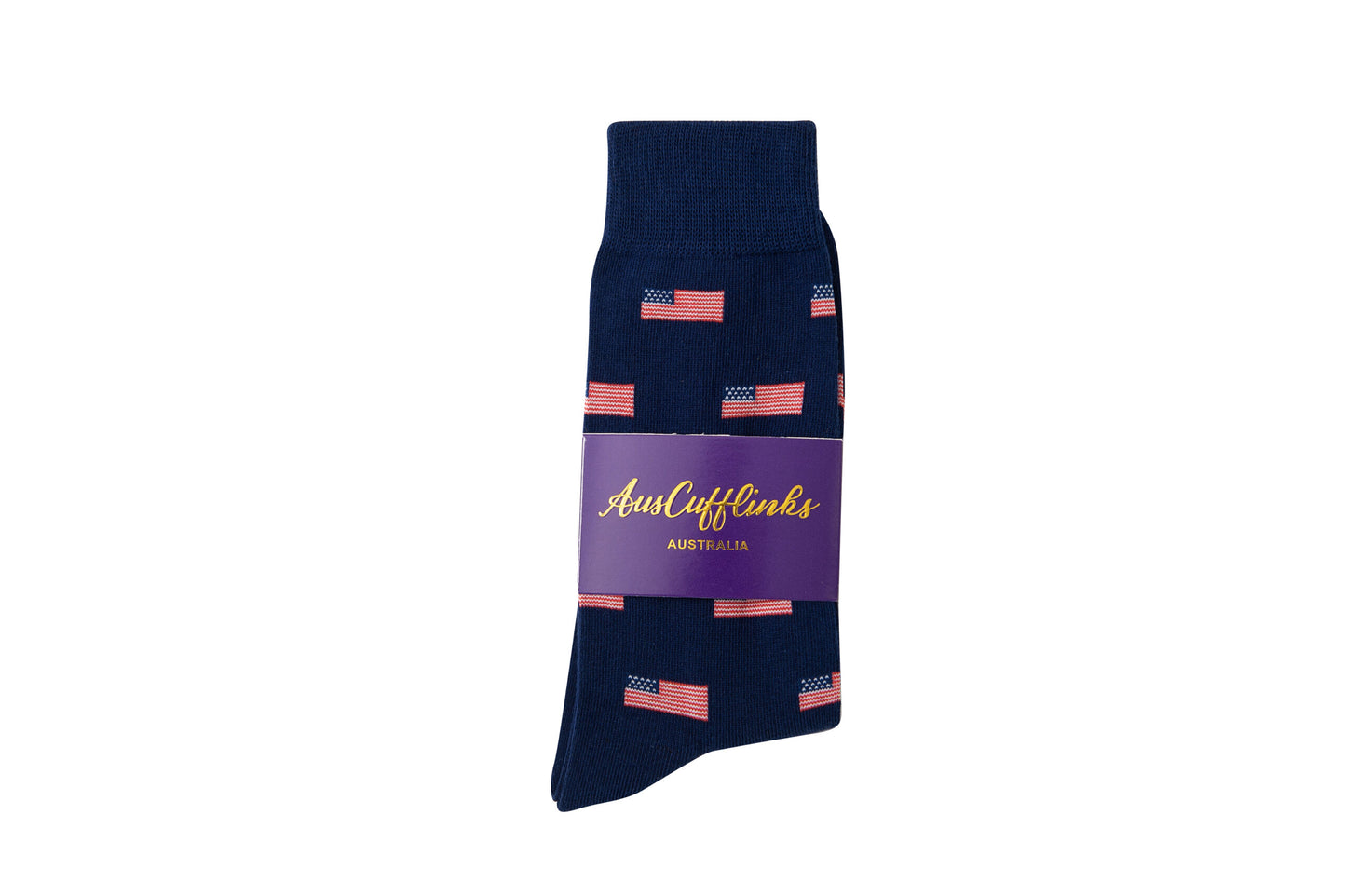 Navy blue USA Flag Socks featuring small American flag patterns and subtle stars, elegantly wrapped with a purple AusCufflinks label.