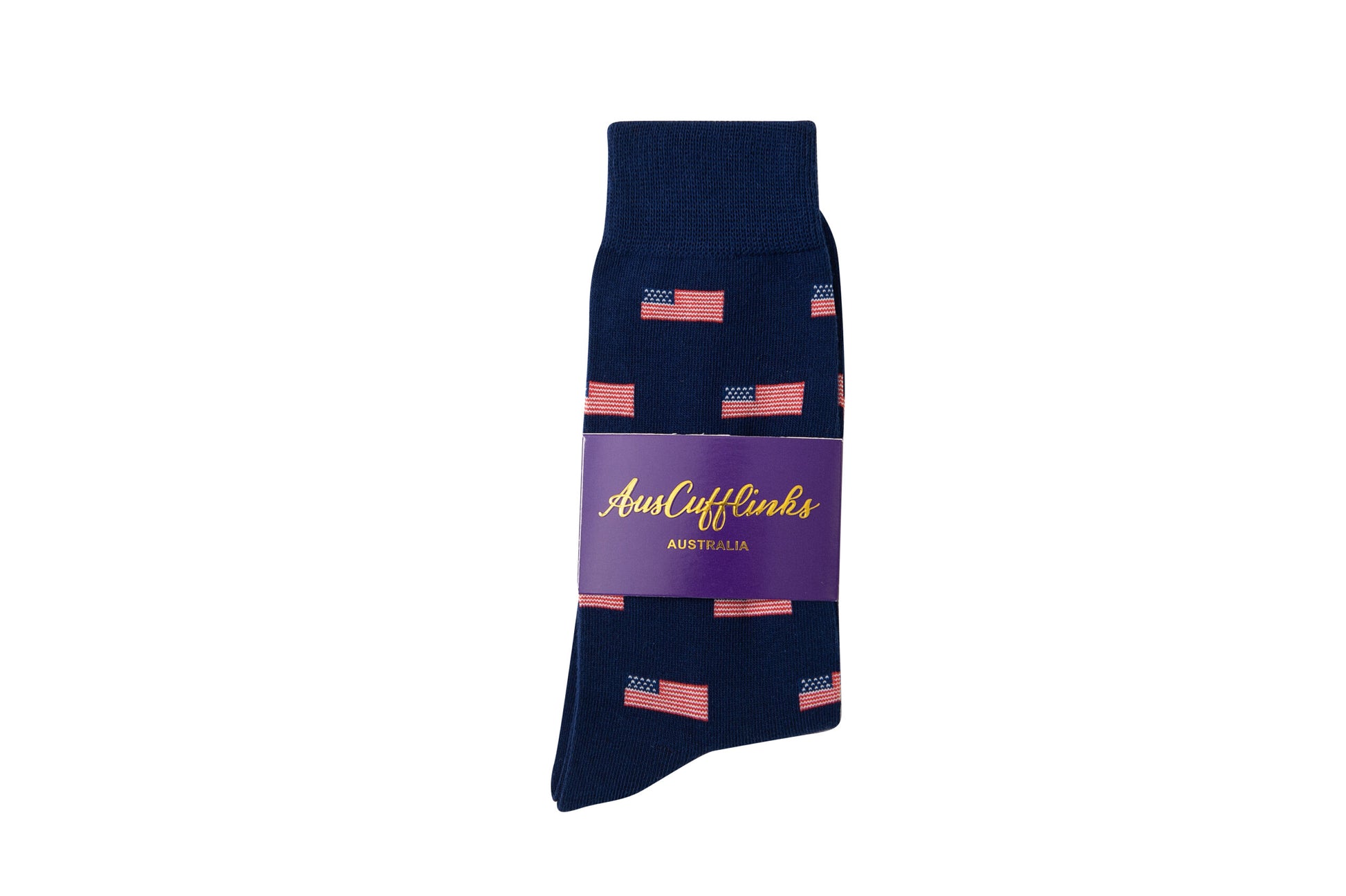 Navy blue USA Flag Socks featuring small American flag patterns and subtle stars, elegantly wrapped with a purple AusCufflinks label.