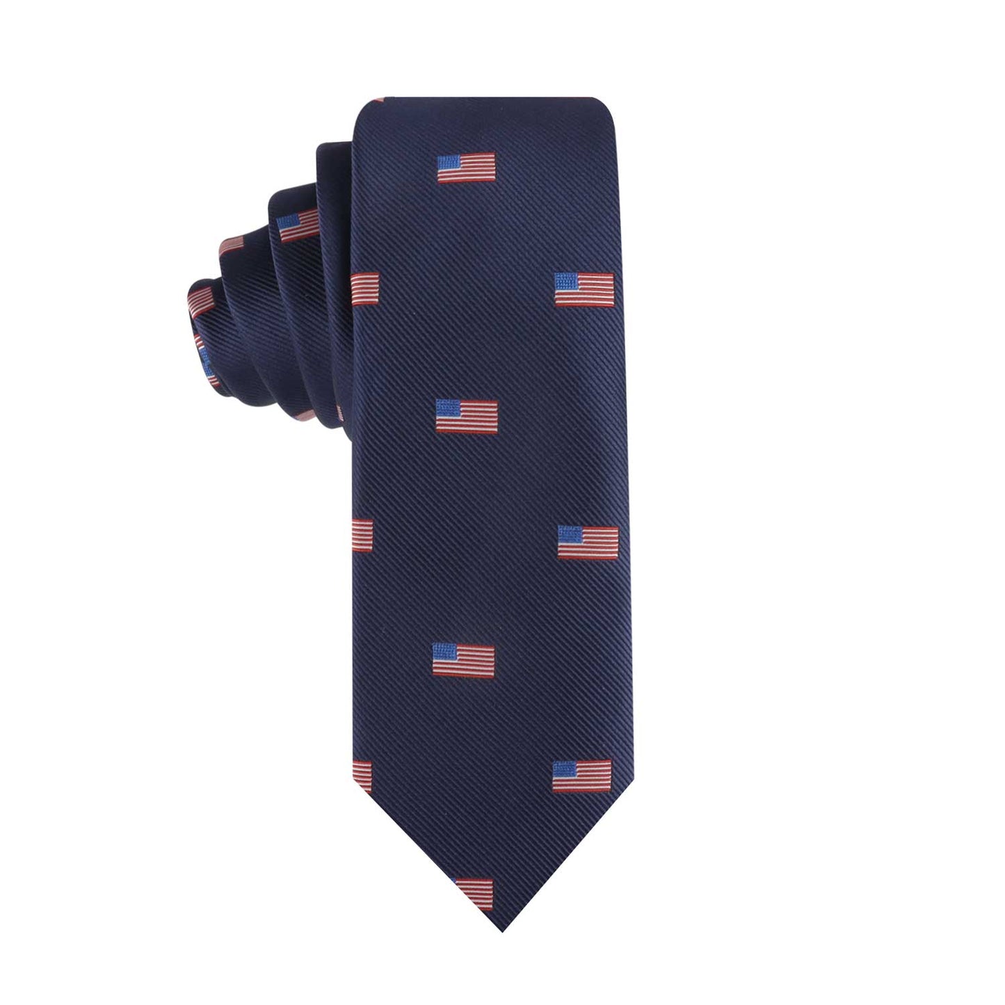 The USA Flag Thin Tie, featuring small American flag patterns in navy blue, exudes a sense of patriotism while maintaining a sophisticated style.