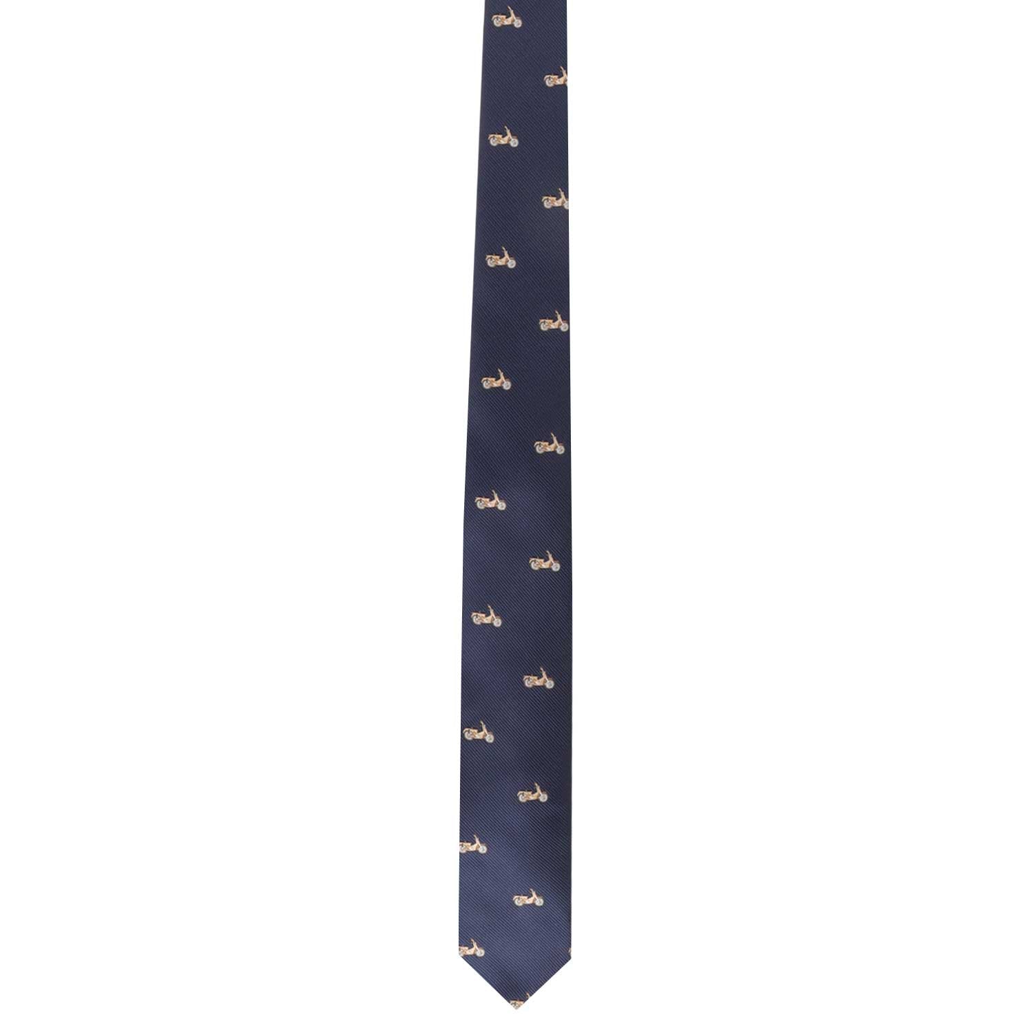 The Classic Motorbike Skinny Tie, featuring a pattern of small embroidered beige bicycles on a navy blue background, offers an elegance that's subtly revved up for those who prefer the fast lane in style.