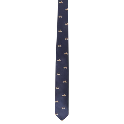 The Classic Motorbike Skinny Tie, featuring a pattern of small embroidered beige bicycles on a navy blue background, offers an elegance that's subtly revved up for those who prefer the fast lane in style.