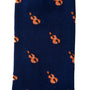 A close-up of Violin Socks, showcasing a navy blue hue adorned with a harmonious pattern of small orange and white violins.