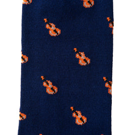 A close-up of Violin Socks, showcasing a navy blue hue adorned with a harmonious pattern of small orange and white violins.