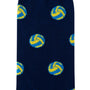 A close-up of the Volleyball Socks in dark blue, featuring a repeating pattern of yellow and blue volleyballs—perfect to spike up your sock game.