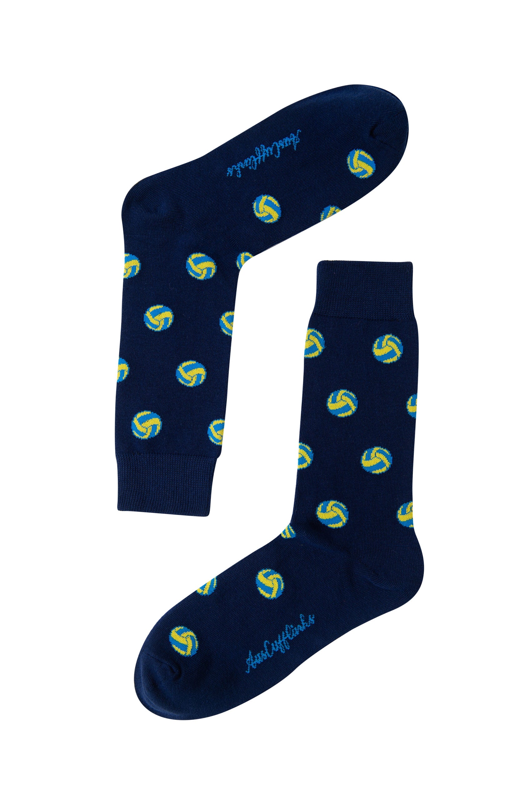 Enhance your sock collection with two navy Volleyball Socks, featuring a playful pattern of small, colorful volleyballs. Each sock prominently showcases the brand name on the foot.