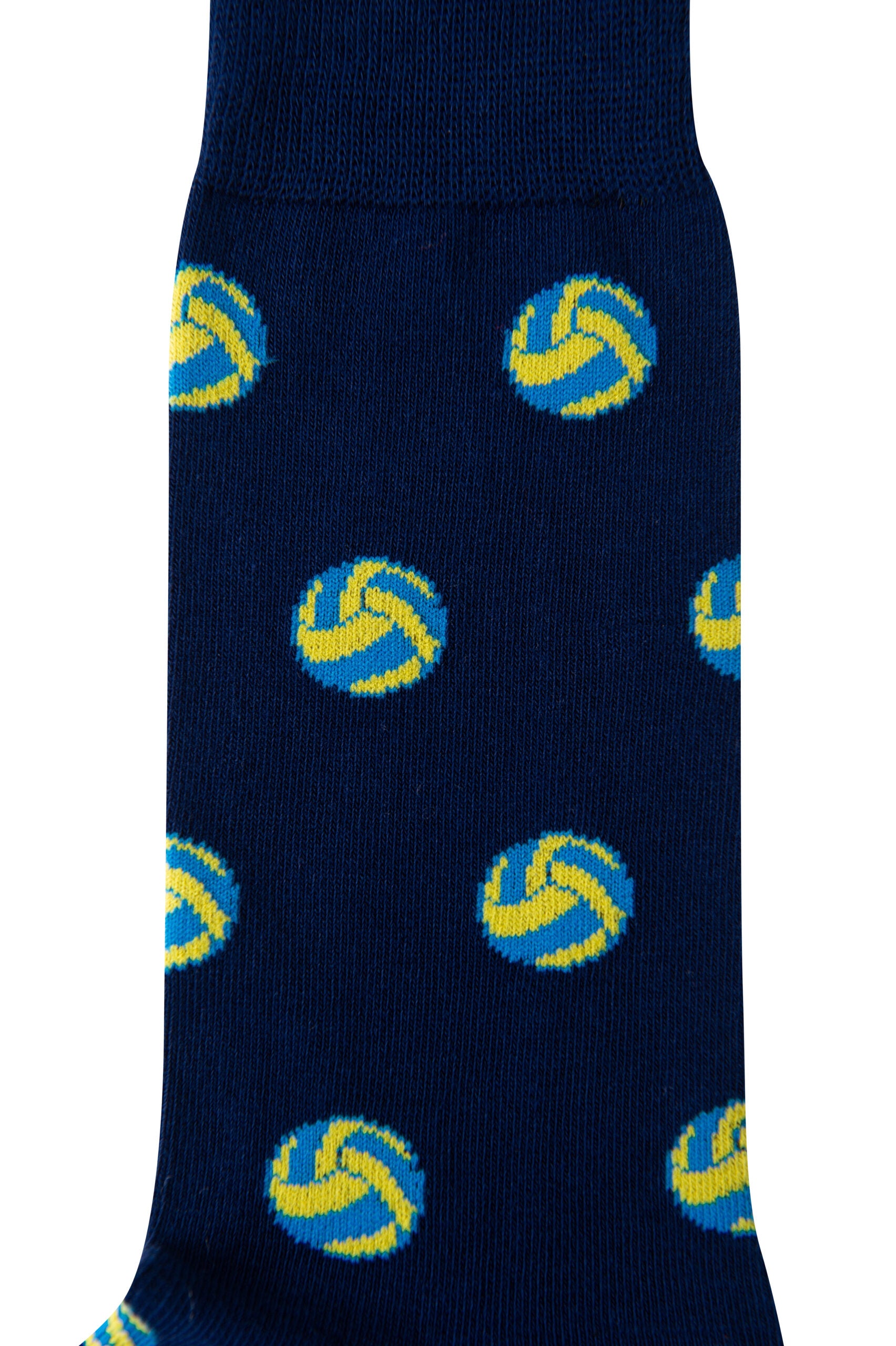 A close-up of the Volleyball Socks in dark blue, featuring a repeating pattern of yellow and blue volleyballs—perfect to spike up your sock game.