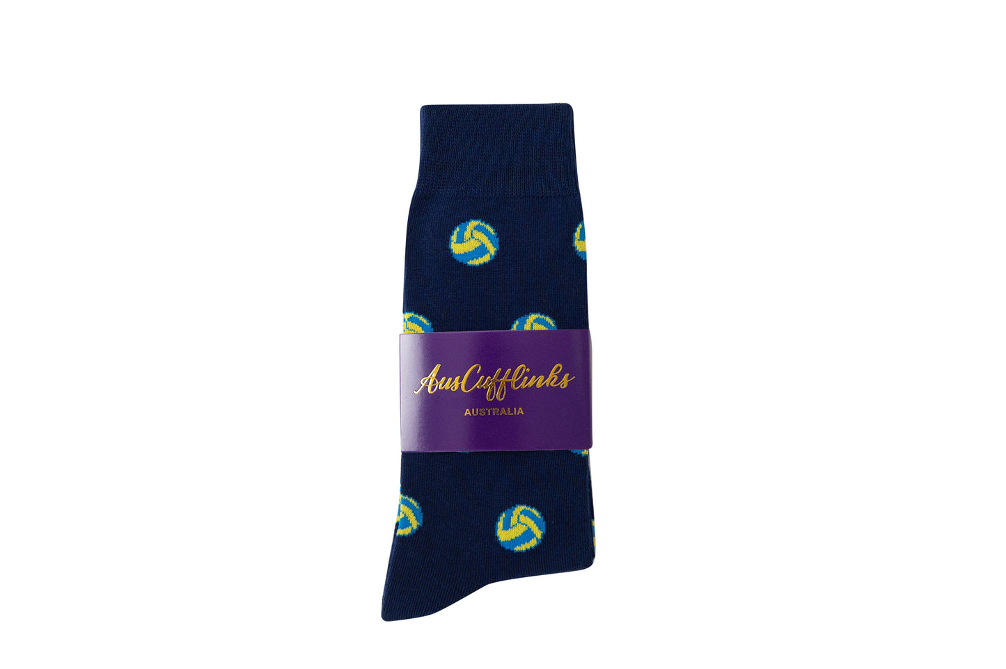 A trendy pair of dark blue Volleyball Socks adorned with a chic yellow and green volleyball design, complete with a purple band labeled "AusCufflinks Australia.