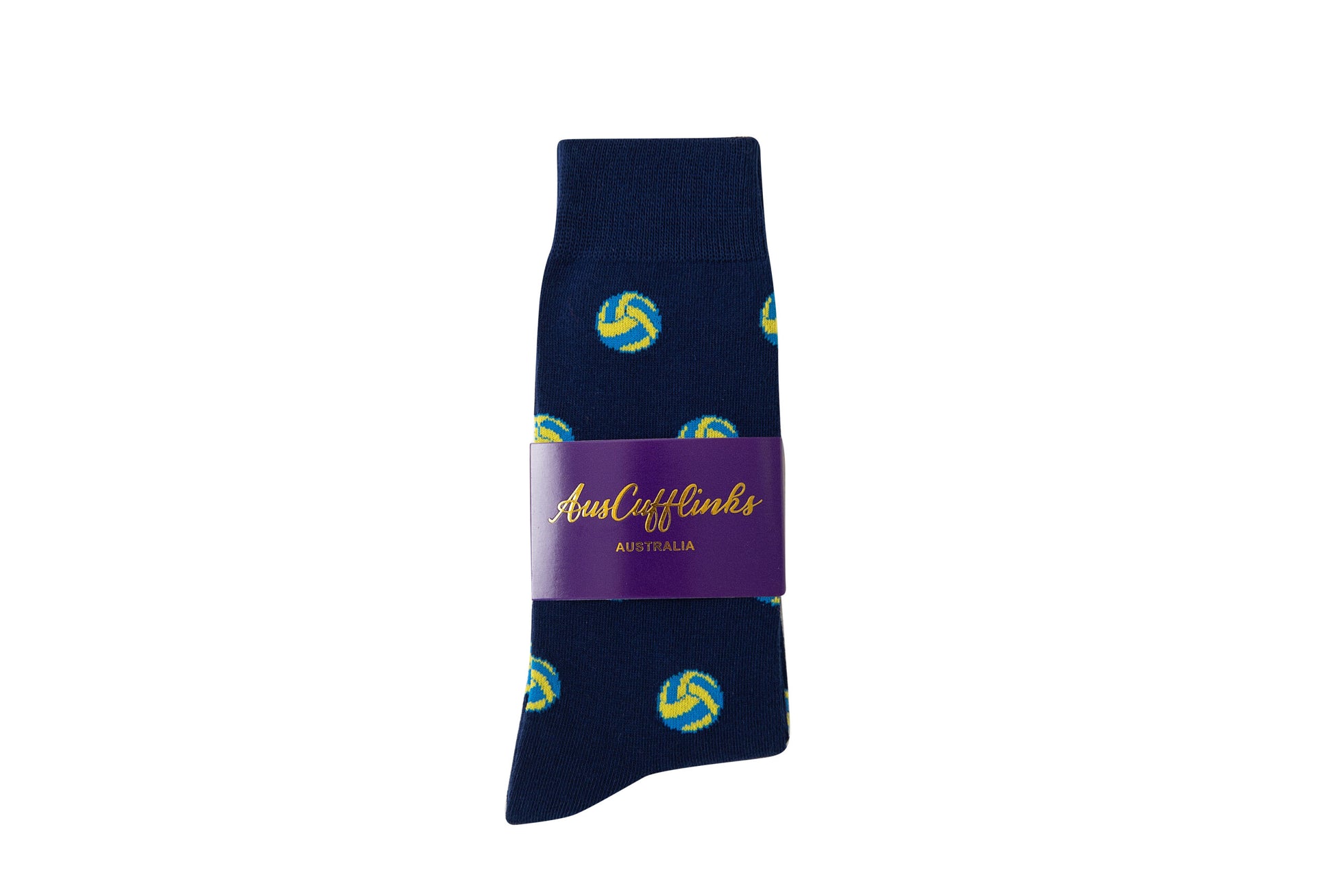 A trendy pair of dark blue Volleyball Socks adorned with a chic yellow and green volleyball design, complete with a purple band labeled "AusCufflinks Australia.