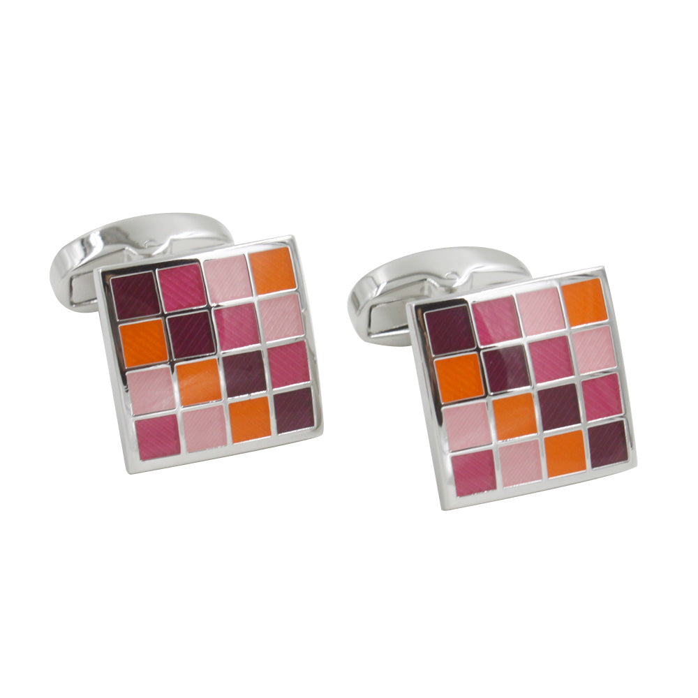 The Warm Hues Cufflinks – Stylish Earthy Tones feature a vibrant grid design in pink, purple, and orange on a sleek silver base—ideal for anyone seeking modern cufflinks with standout style.