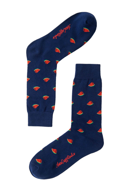 Two navy blue Watermelon Socks featuring a pattern of small red and green watermelon slices and the brand name "Awesome Socks" written in red text near the toe area. Step into joy with these juicy designs that add a splash of fun to your wardrobe.