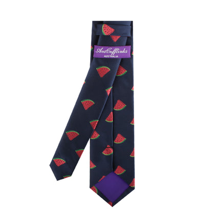 A Watermelon Skinny Tie with a pattern of red watermelon slices and a purple label that reads "AustCufflinks Australia," perfect for adding a touch of summertime freshness to your style.