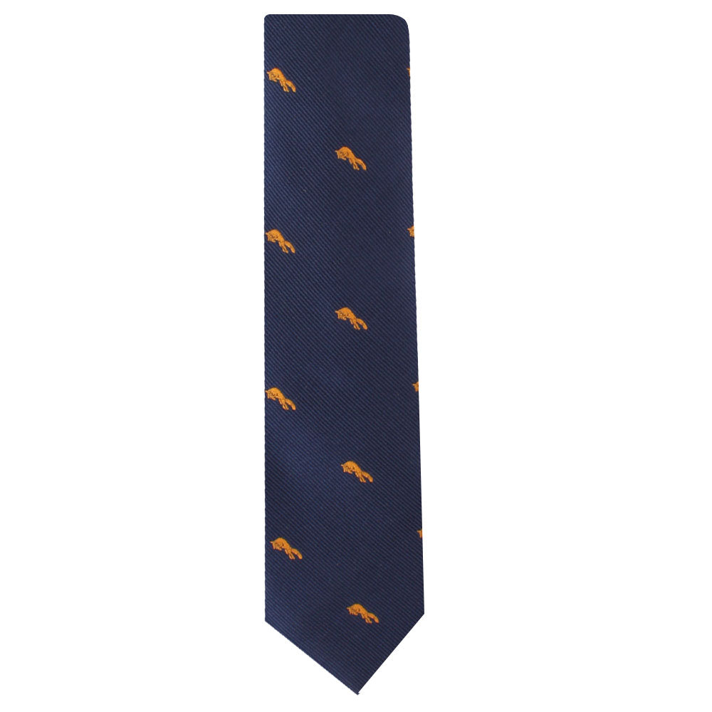 A sophisticated navy skinny tie with a wild allure, adorned with small orange fox motifs evenly spaced throughout.