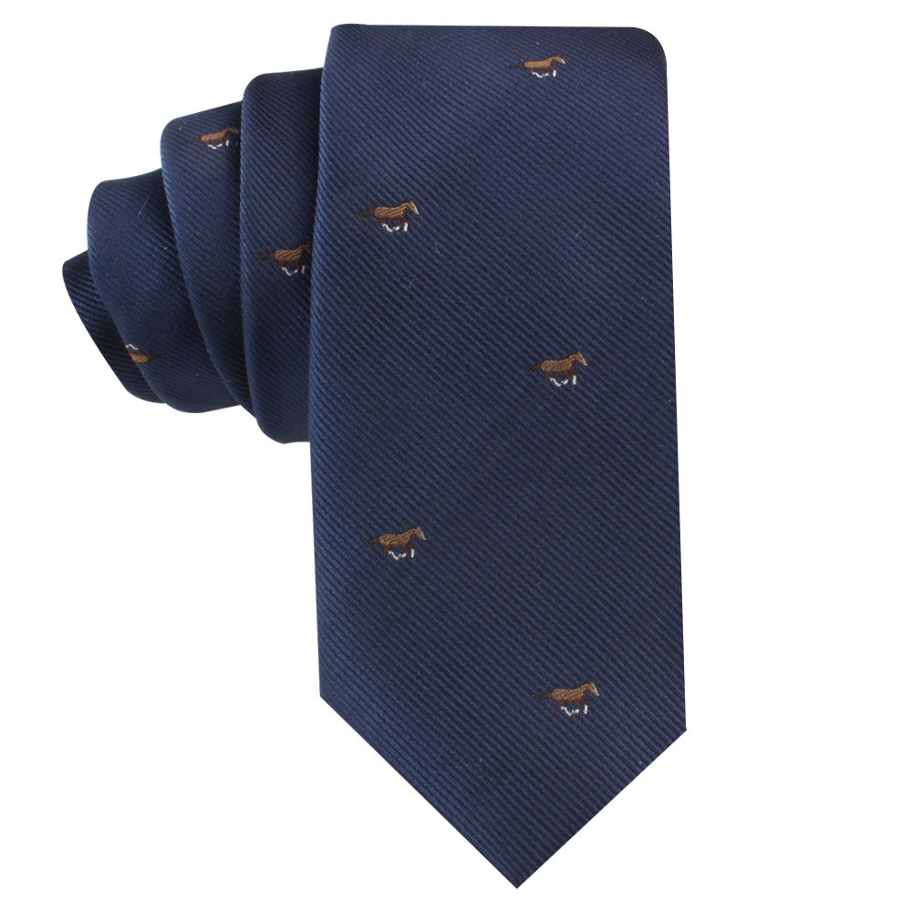 The Thoroughbred Horse Skinny Tie is a navy blue tie featuring a subtle stripe pattern and small horse-head motifs embroidered in brown, perfectly capturing the essence of equestrian culture.