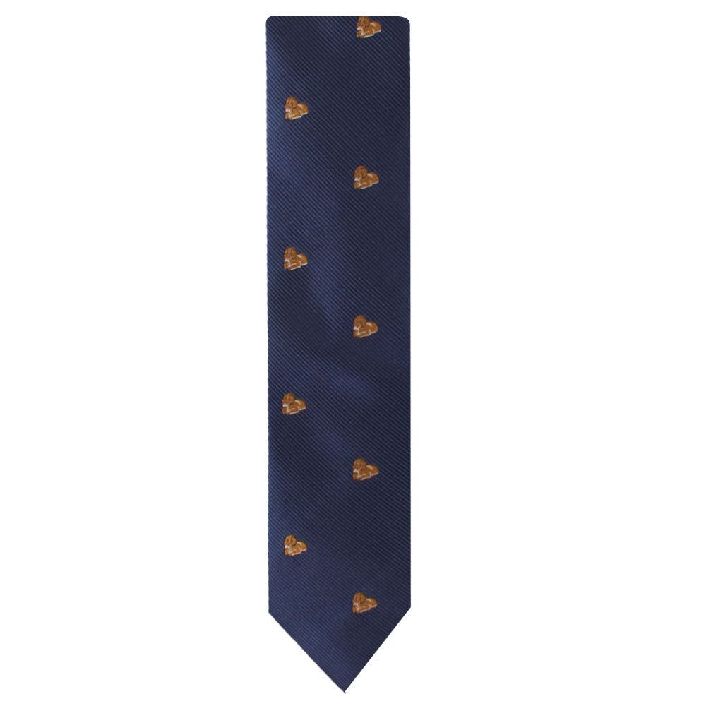 A dark blue Puppy Dog Skinny Tie with an embroidered pattern of small brown hearts, perfect for dog lovers who appreciate a touch of warmth in their wardrobe.