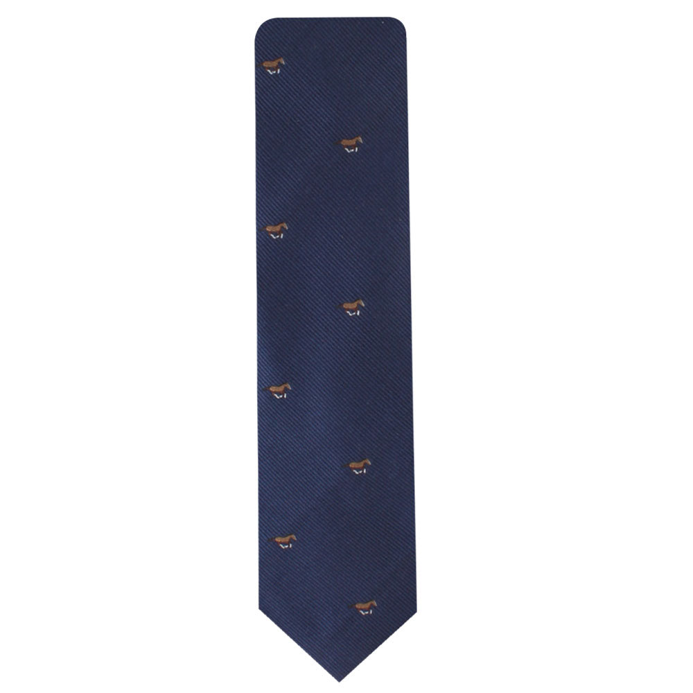 The Thoroughbred Horse Skinny Tie is an elegant blue necktie featuring small embroidered fox motifs evenly spaced throughout, perfect for those who appreciate equestrian culture.