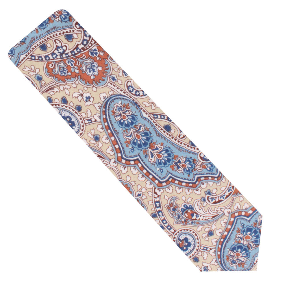 A Blue Latte Brown Skinny Tie featuring an elegant paisley design in beige, blue, and orange hues.