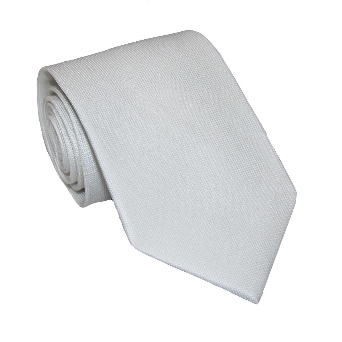 A neatly rolled, Classic White Skinny Tie with a textured fabric finish exudes an air of luxury and elegance.