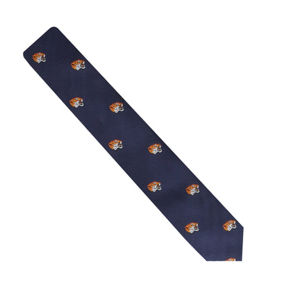 The Tiger Skinny Tie in navy blue, adorned with a pattern of tiger heads, makes a bold fashion statement.