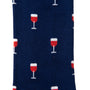 The Wine Socks feature a blue background adorned with a repeating pattern of red and white wine glasses, making them perfect for the vino enthusiast who appreciates vintage elegance.