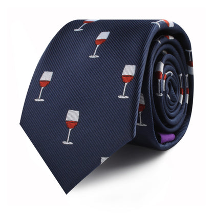 The Wine Skinny Tie, featuring a pattern of red wine glasses on a rolled-up navy blue fabric, exudes refined taste and modern charm.