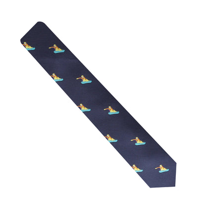 A navy blue tie with a repeating pattern of a person snowboarding on a light blue snowboard, adding a dash of adventure and slope style charm to your wardrobe, the Winter Sports Tie is perfect for thrill-seekers.