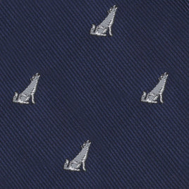 Uncover the Wolf Bow Tie, featuring dark blue fabric with diagonal lines and a repeated pattern of small light gray embroidered howling wolves, adding elegance to any formal look.