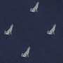 Uncover the Wolf Bow Tie, featuring dark blue fabric with diagonal lines and a repeated pattern of small light gray embroidered howling wolves, adding elegance to any formal look.