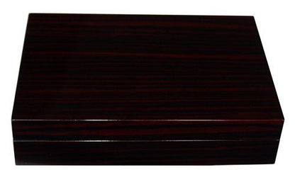 The Ebony Wood Cufflink Box, a closed rectangular display case made of dark polished wood, is shown against a white background.