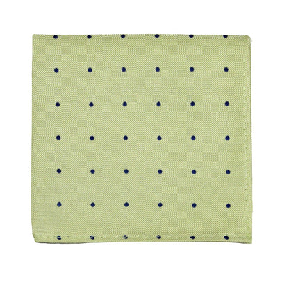 A neatly folded light green pocket square with small navy polka dots is the perfect accent to the distinguished Gold Navy Polka Dot Business Tie & Pocket Square Set.