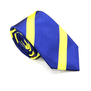 The Navy Yellow Stripe Skinny Tie features bold diagonal yellow stripes on navy, giving a modern twist to the classic striped tie style.