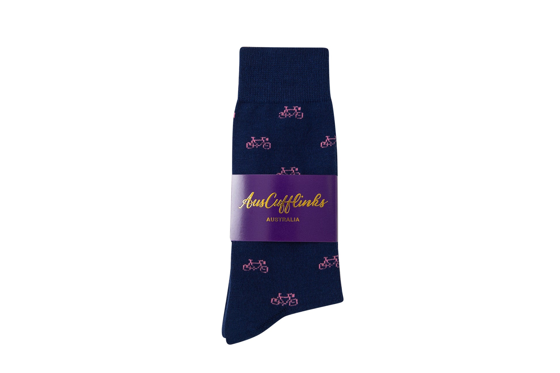 Experience rosy comfort with every pedal in a pair of navy blue Pink Bike Socks featuring a pink bicycle pattern, wrapped in a purple label that reads "Just ClifVinks Australia.