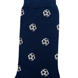 A dark blue Soccer Sock with a pattern of small white and black soccer balls, offering goal-worthy comfort with every step.