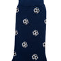 A dark blue Soccer Sock with a pattern of small white and black soccer balls, offering goal-worthy comfort with every step.